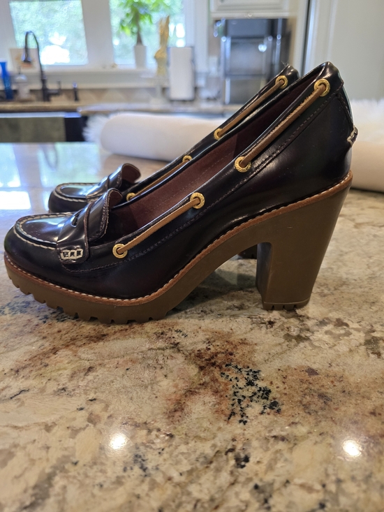 Sperry Shoes - Sperry Dark Brown Leather Chunky-Heel Loafers with Gold Eyelets